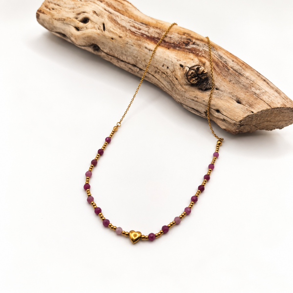 Collar corazón de turmalina rosa · Acero dorado