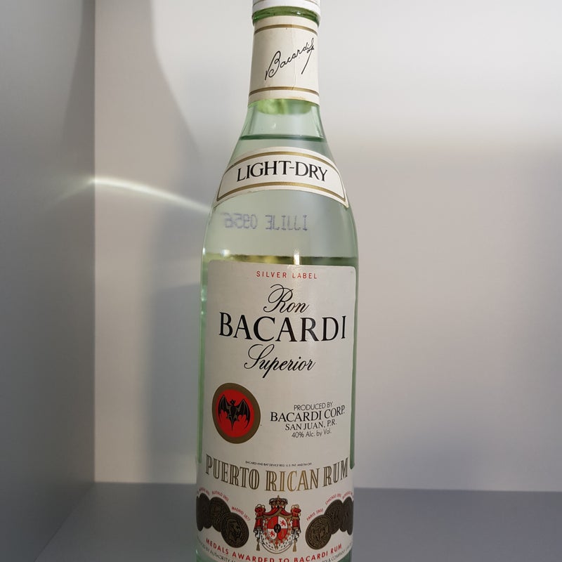 Bacardi Silver Label. Upper label 'Light-Dry'. 750ml. Production year 1990