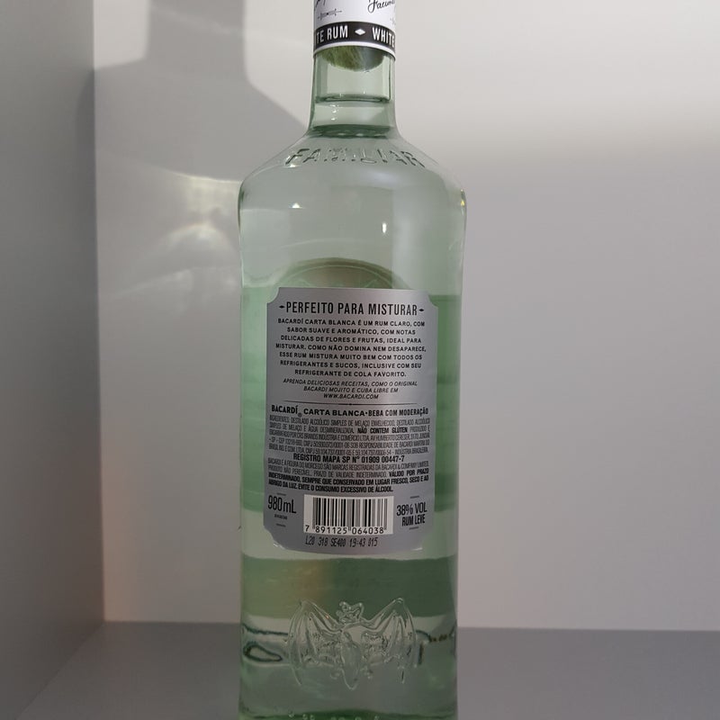 Brazil. Bacardi Carta Blanca. 38% alcohol. 980ml. Production year 2020