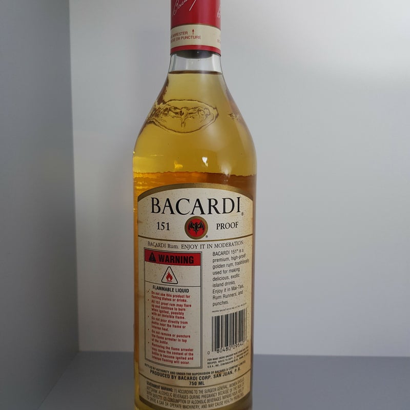 Bacardi 151. Red under label with above it 'Puerto Rican Rum'. 750ml. Production year 2000