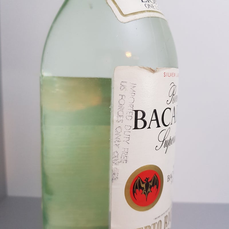 Bacardi Silver Label. Imported Duty Free US Forces Only. 1 litre. Production period 80's