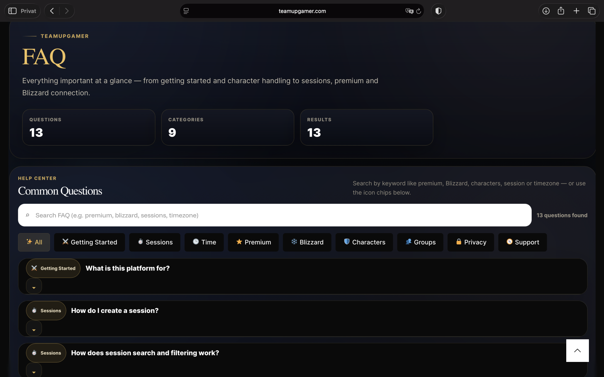 TeamUpGamer FAQ Seite