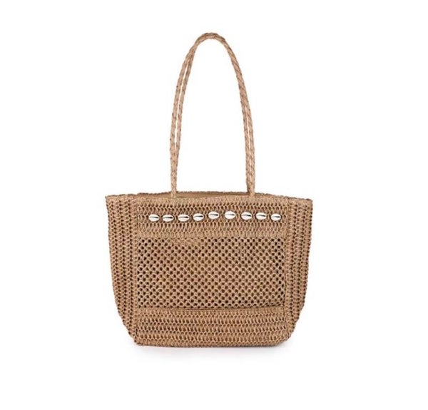 Strandtas met schelpjes khaki