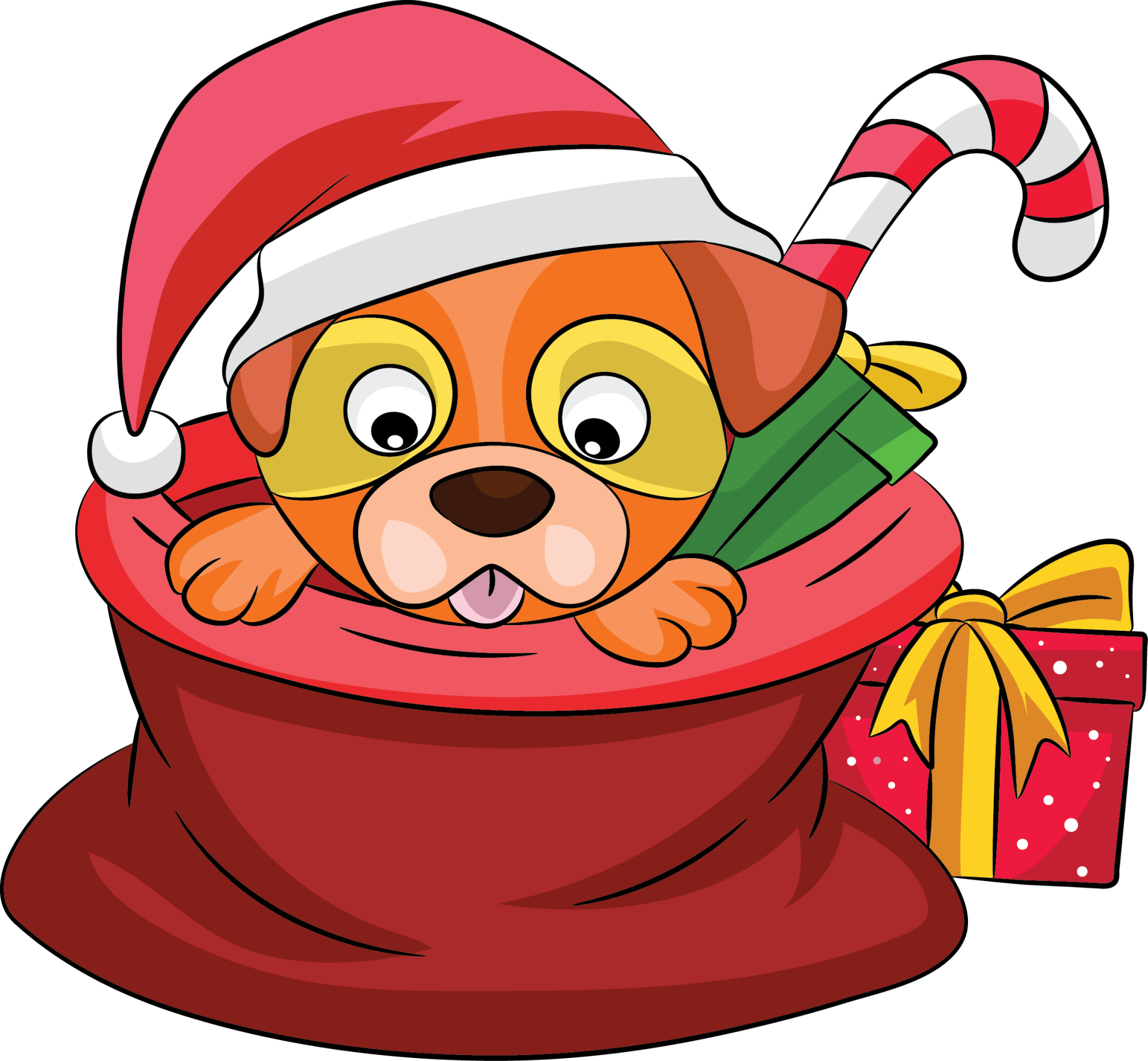 Ingekleurde tekening van een puppy met kerstmuts in de zak van de kerstman