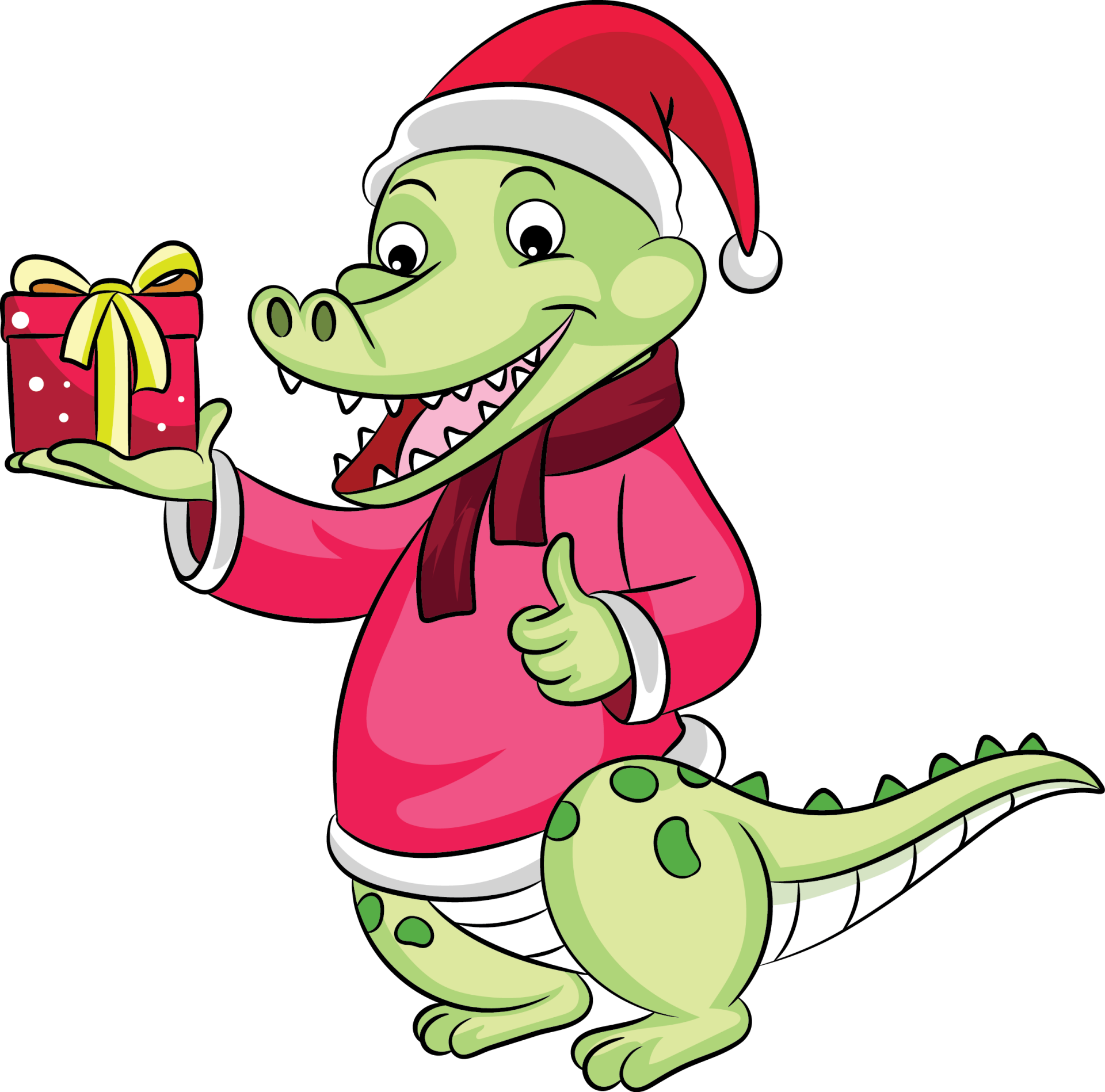 Ingekleurde tekening van een krokodil met kerstmuts op en cadeautje in zijn hand