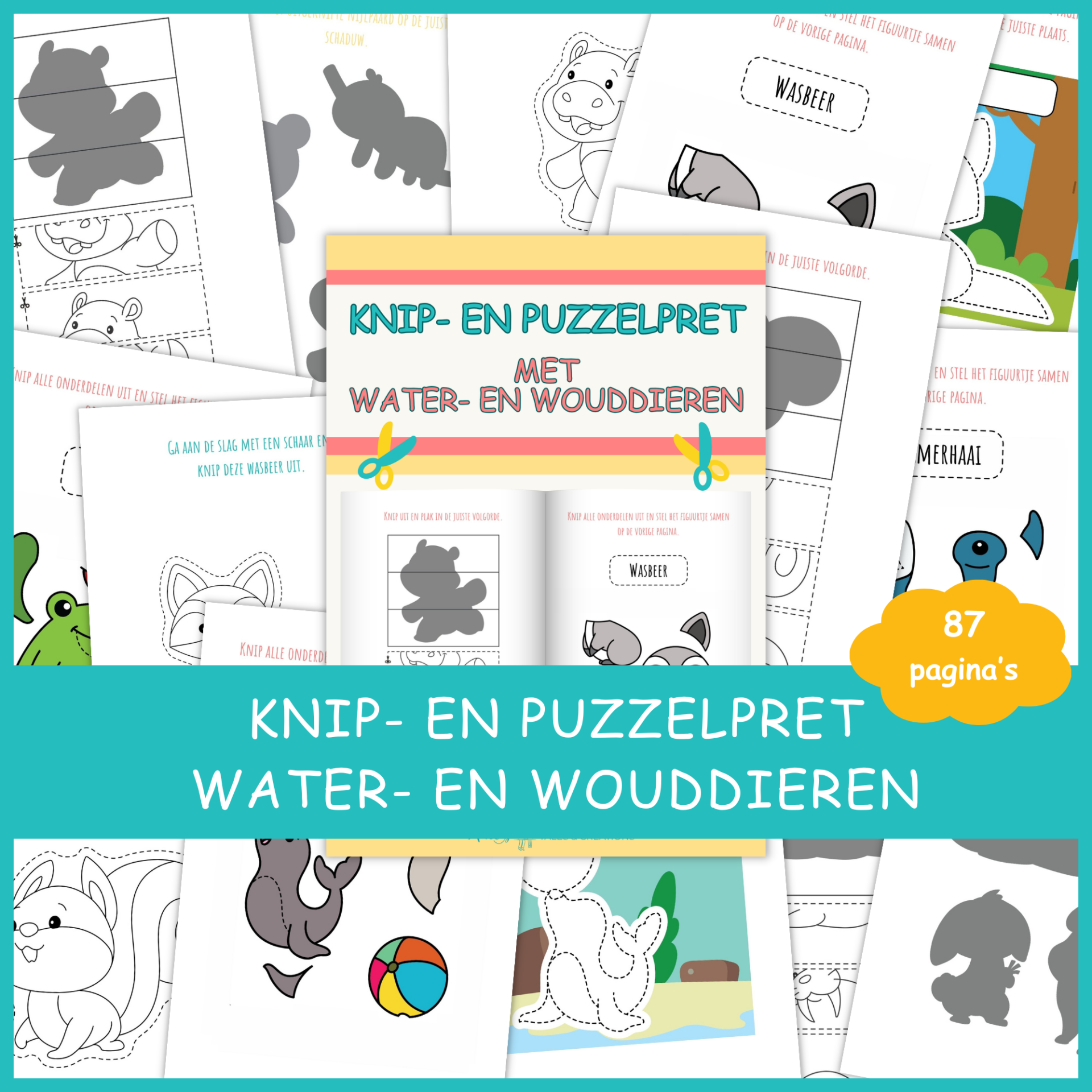 Knip- en puzzelpret met water- en wouddieren
