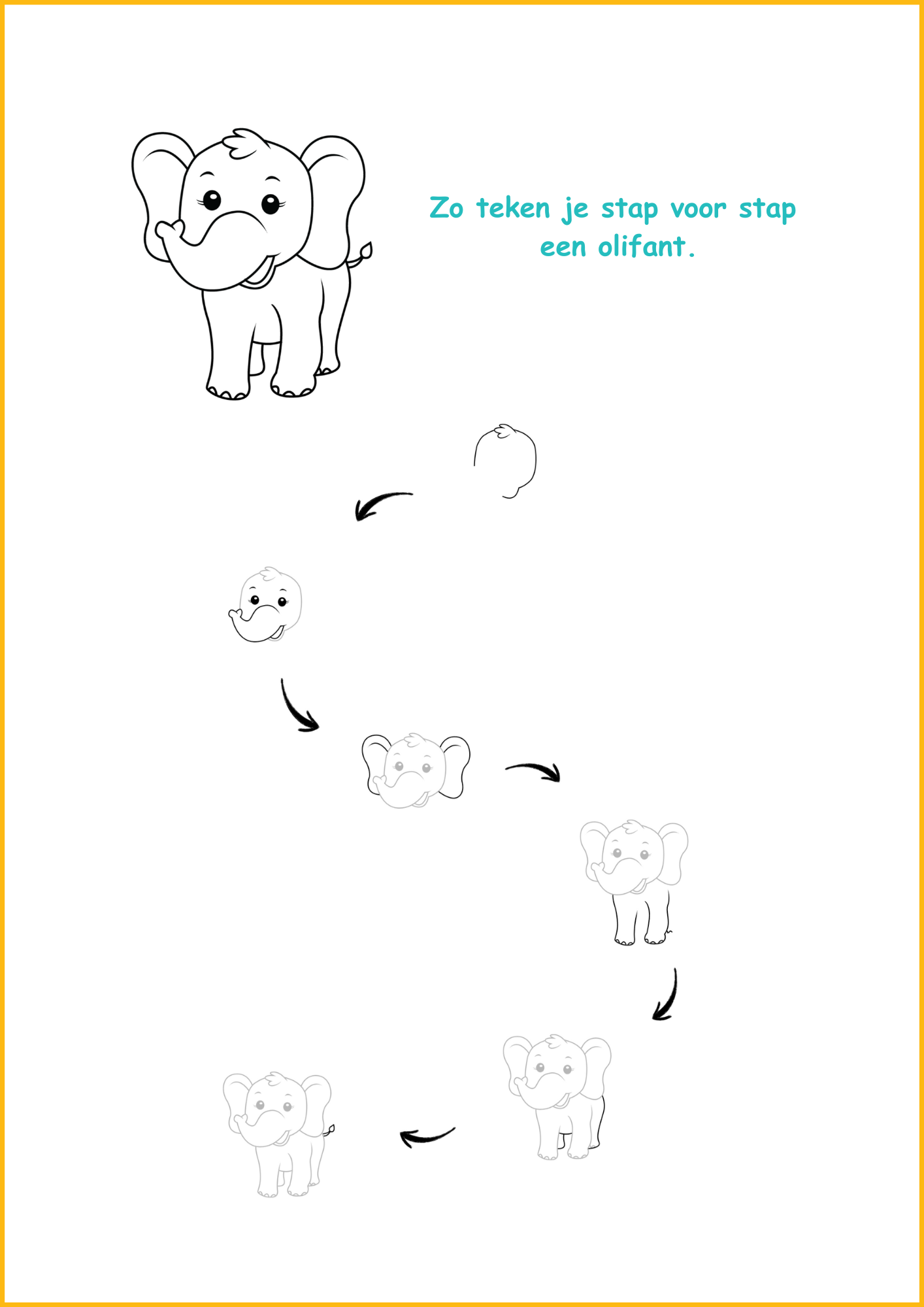 Olifant leren tekenen - tekenblad voor kleuters