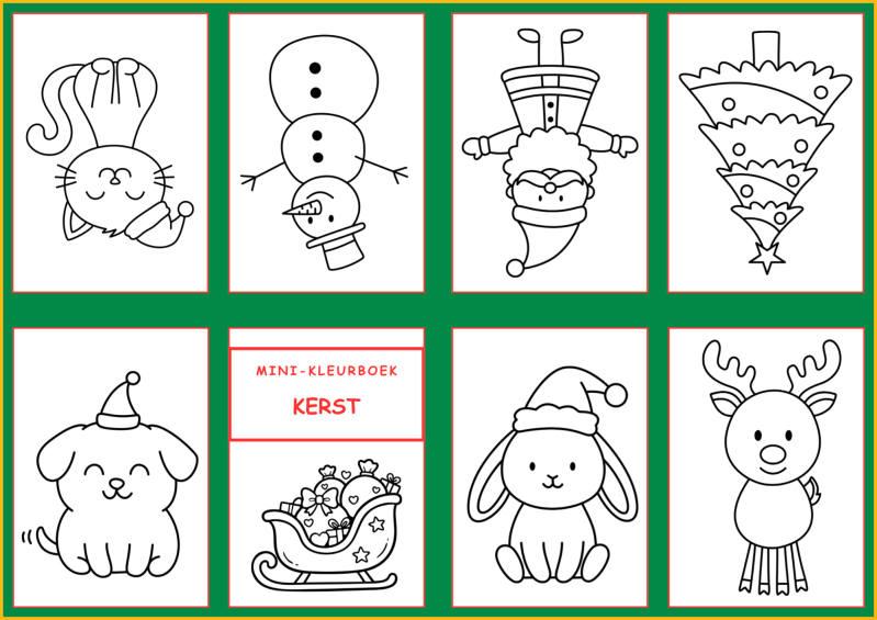 Klein kleurboekje in thema kerst met dieren, sneeuwman, kerstman en kerstboom