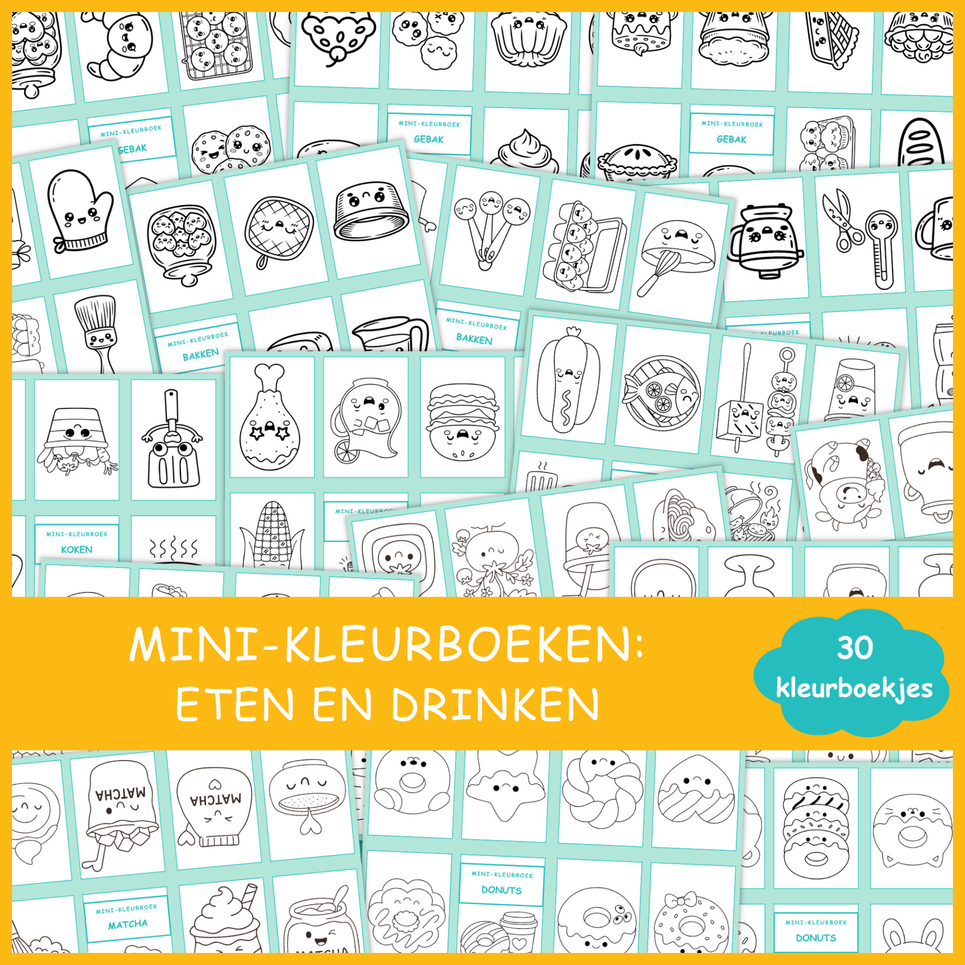 Mini-kleurboekjes: Eten en Drinken (30 printbare pagina’s)