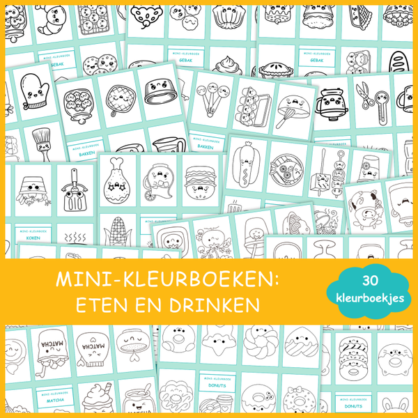 Mini-kleurboekjes: Eten en Drinken (30 printbare pagina’s)