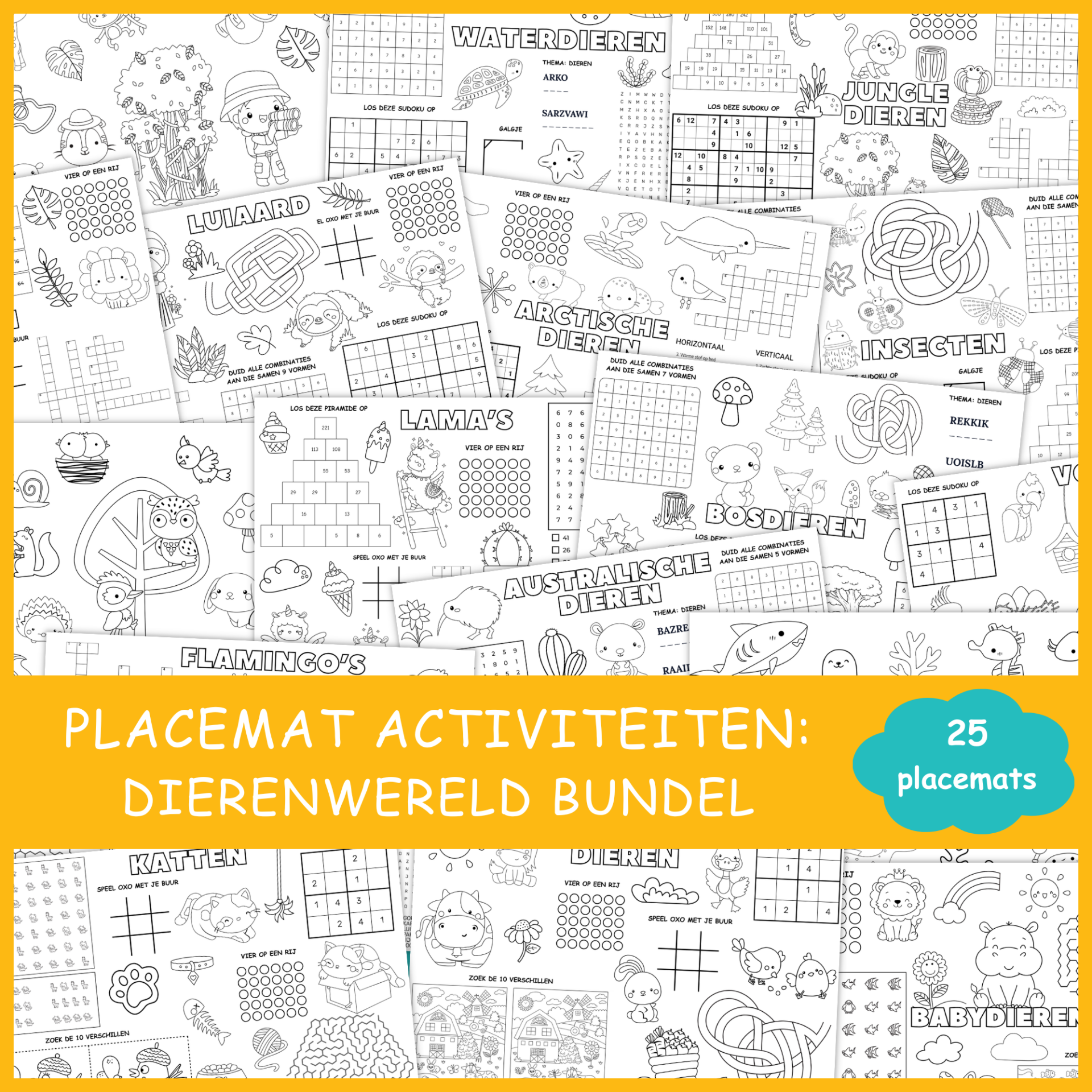 Placemat activiteiten: Dierenwereld Bundel (25 printbare placemats)
