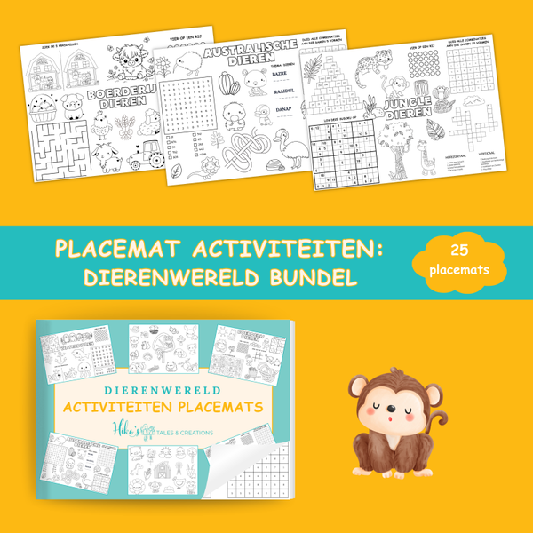 Placemat activiteiten: Dierenwereld Bundel (25 printbare placemats)