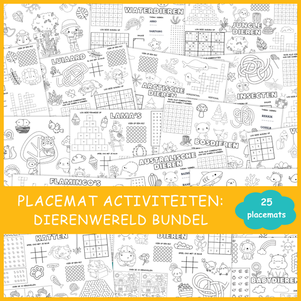 Placemat activiteiten: Dierenwereld Bundel (25 printbare placemats)