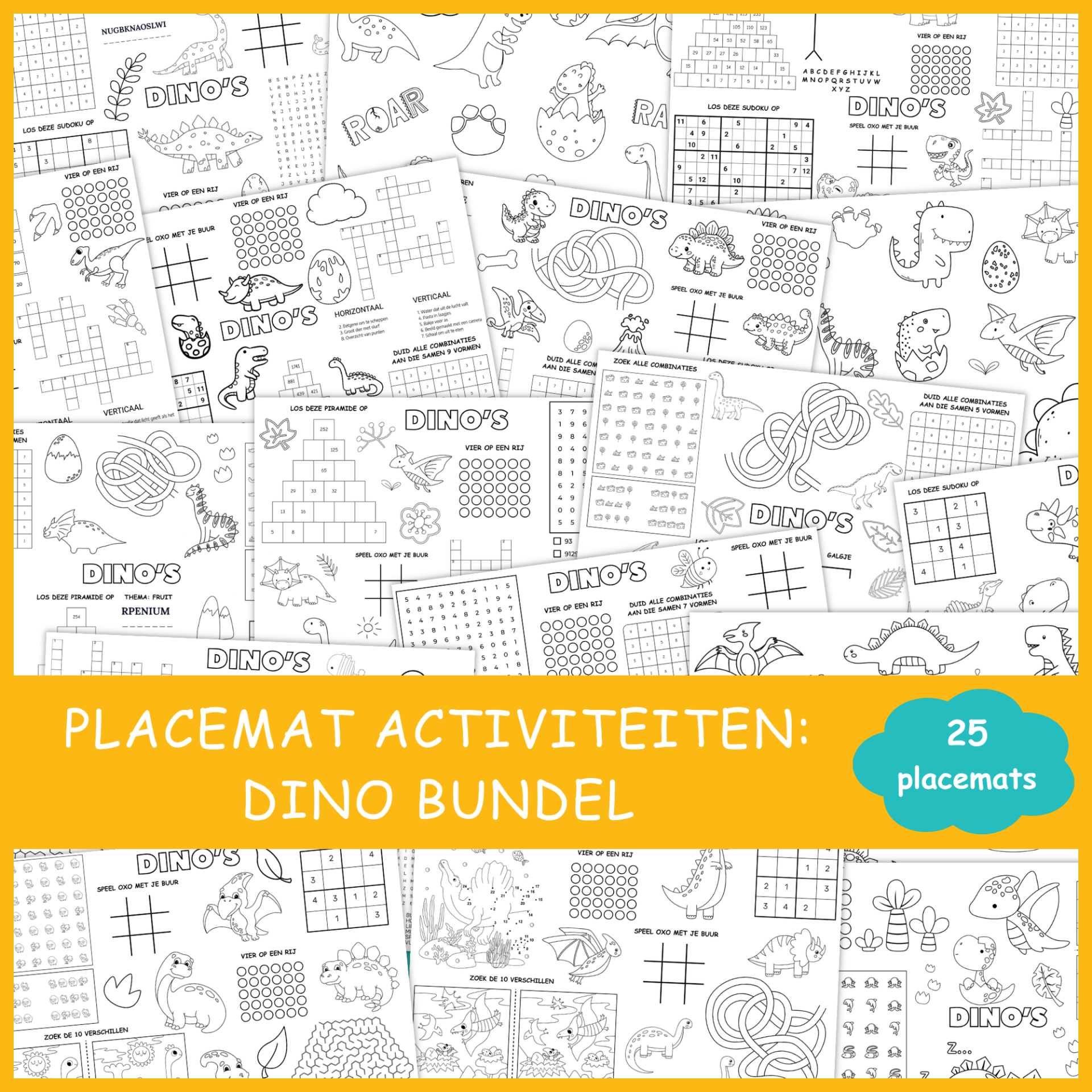 Placemat activiteiten: Dino Bundel (25 printbare placemats)