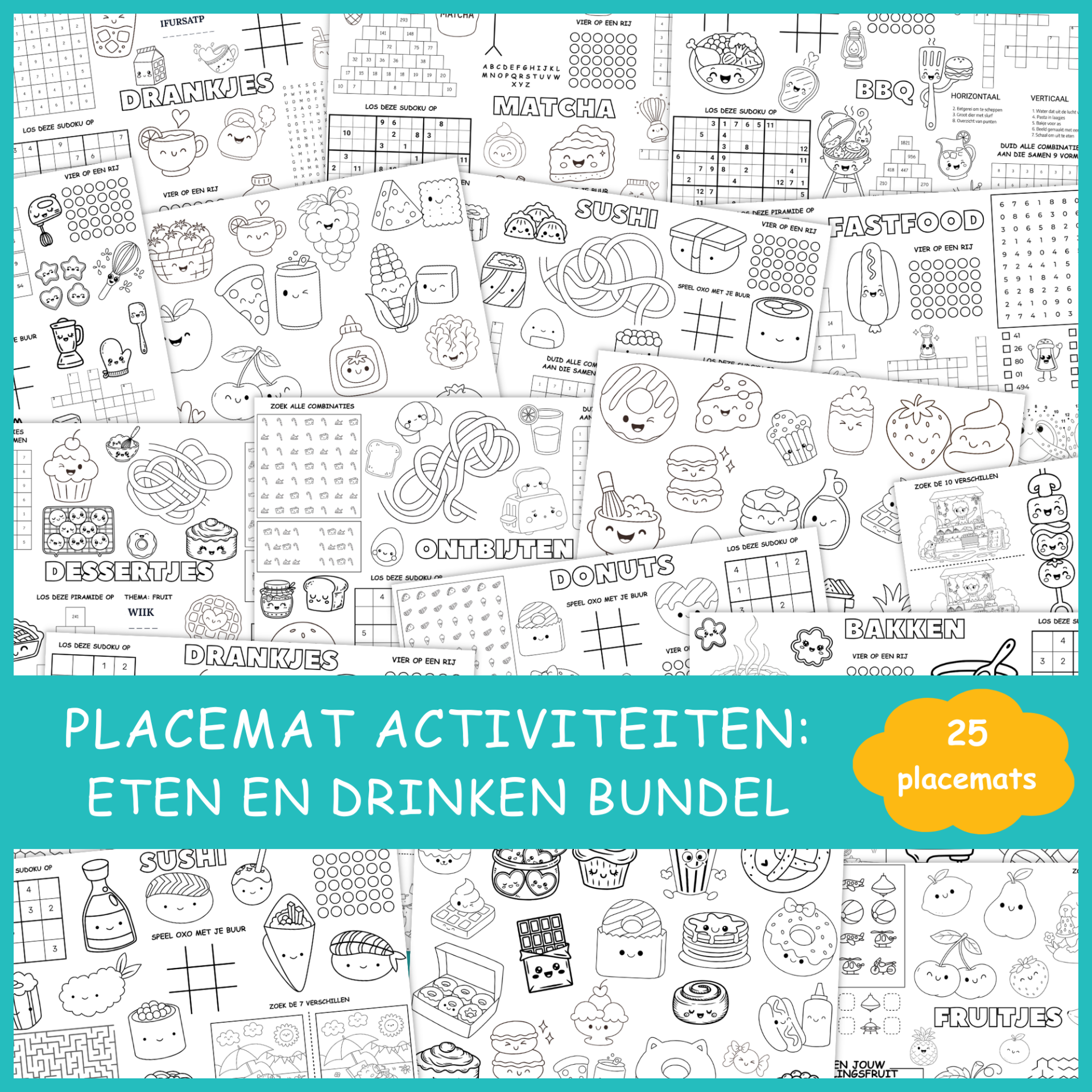 Placemat activiteiten: Eten & Drinken Bundel (25 printbare placemats)