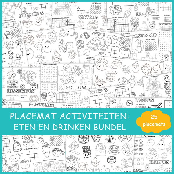 Placemat activiteiten: Eten & Drinken Bundel (25 printbare placemats)