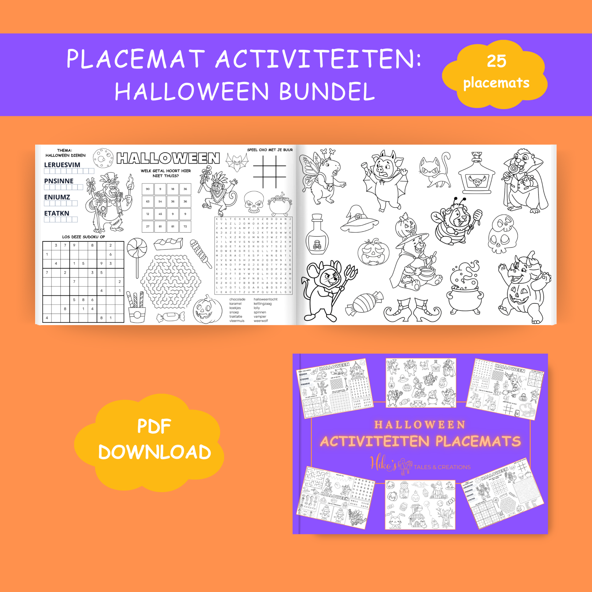 Placemat activiteiten: Halloween Bundel (25 printbare placemats)