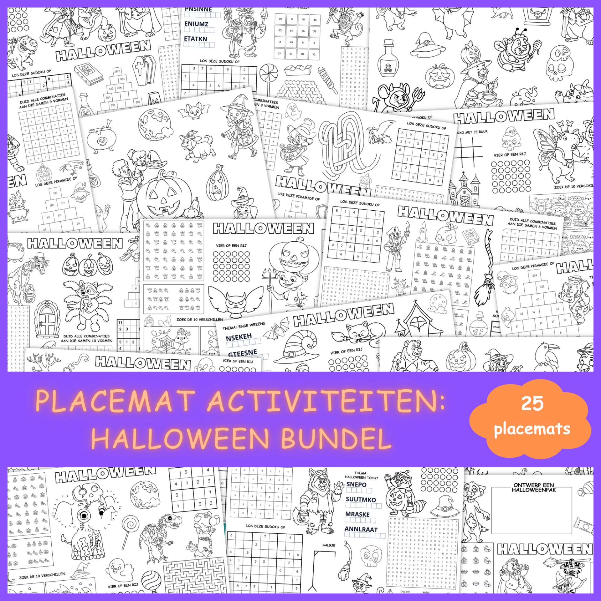 Placemat activiteiten: Halloween Bundel (25 printbare placemats)