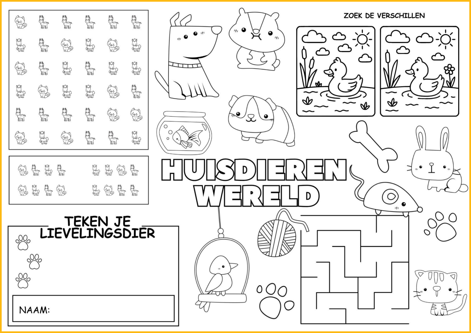 Printbare educatieve placemat met huisdieren: zoekopdracht, zoek de verschillen, doolhof en tekenvakje..