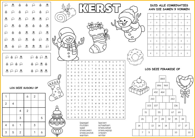 Kerst placemat met zoekplaat, sudoku, woordzoeker en andere spelletjes