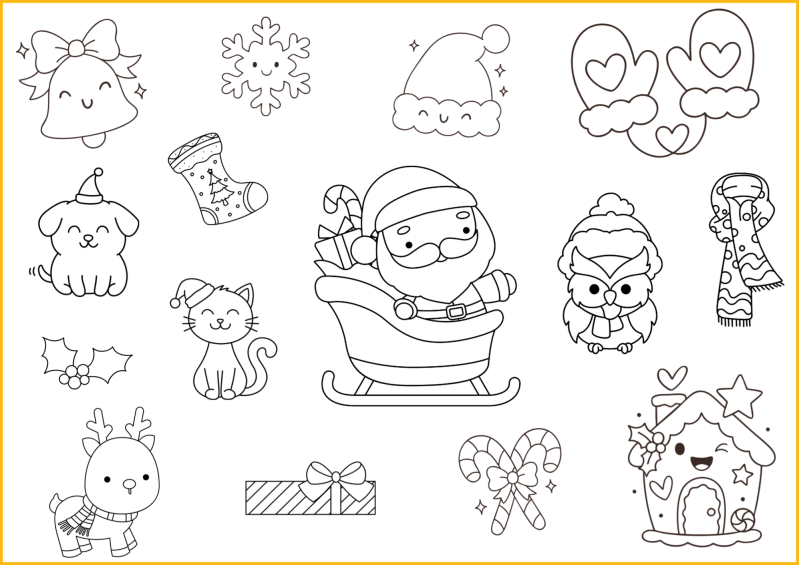 Placemat met kerstfiguurtjes om in te kleuren