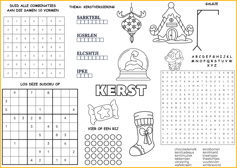 Activiteiten placemat thema kerst met sudoku, woordzoeker en andere spelletjes
