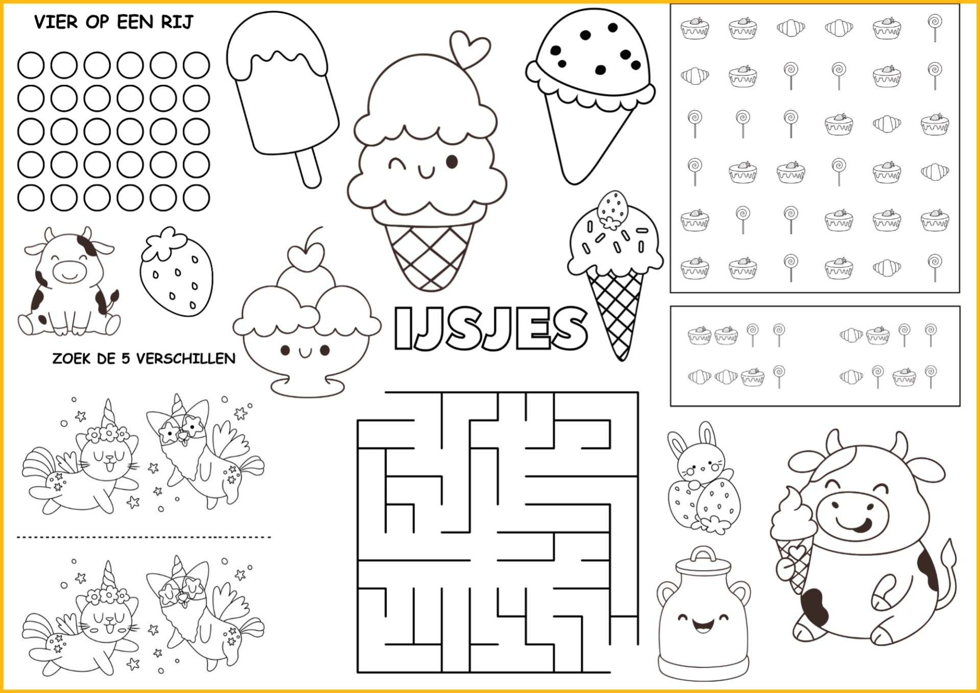 Educatieve placemat met woordzoeker en sudoku, vier op een rij en oxo. 