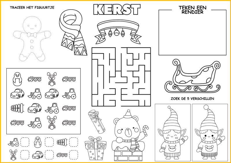 Placemat activiteiten in kerstthema met spelletjes zoals zoek de verschillen en tekeningen