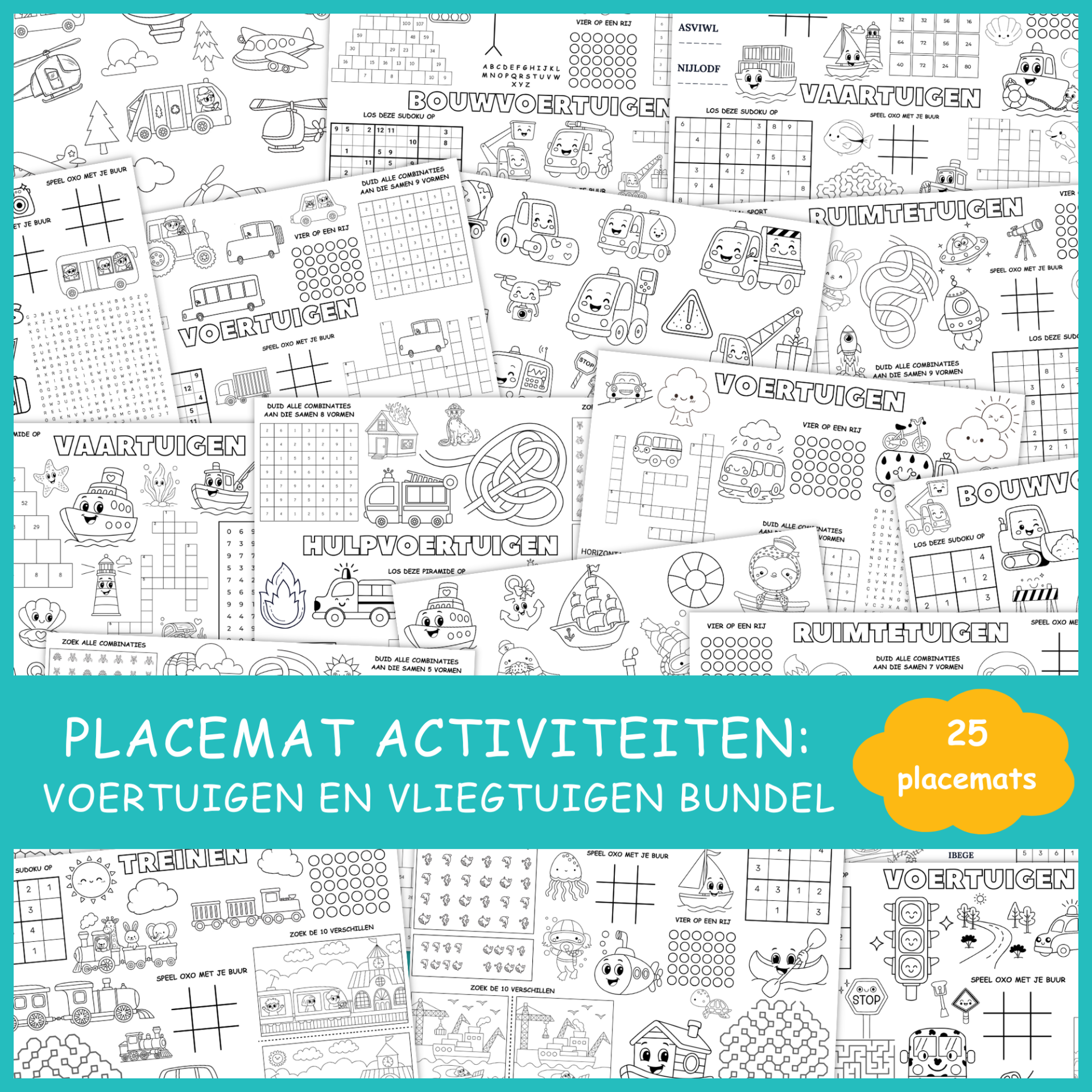 Placemat activiteiten: Voertuigen en Vliegtuigen Bundel (25 printbare placemats)