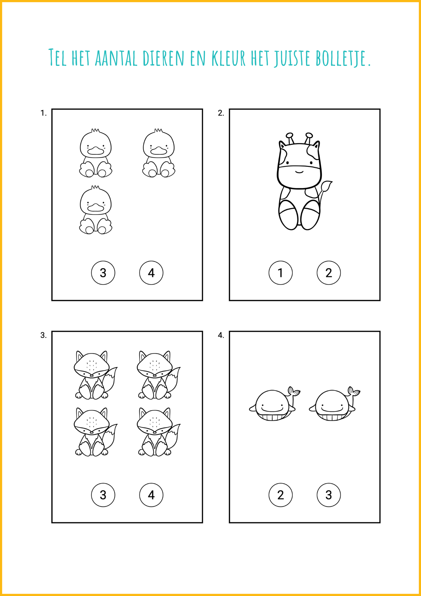 Printbaar werkblad leren tellen met dieren - kleuropdracht (PDF)