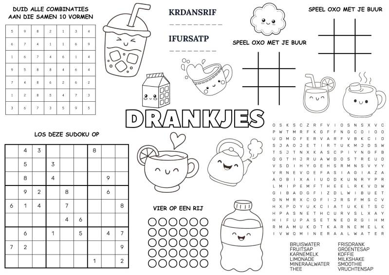 Educatieve placemat met woordzoeker en sudoku, vier op een rij en oxo. 