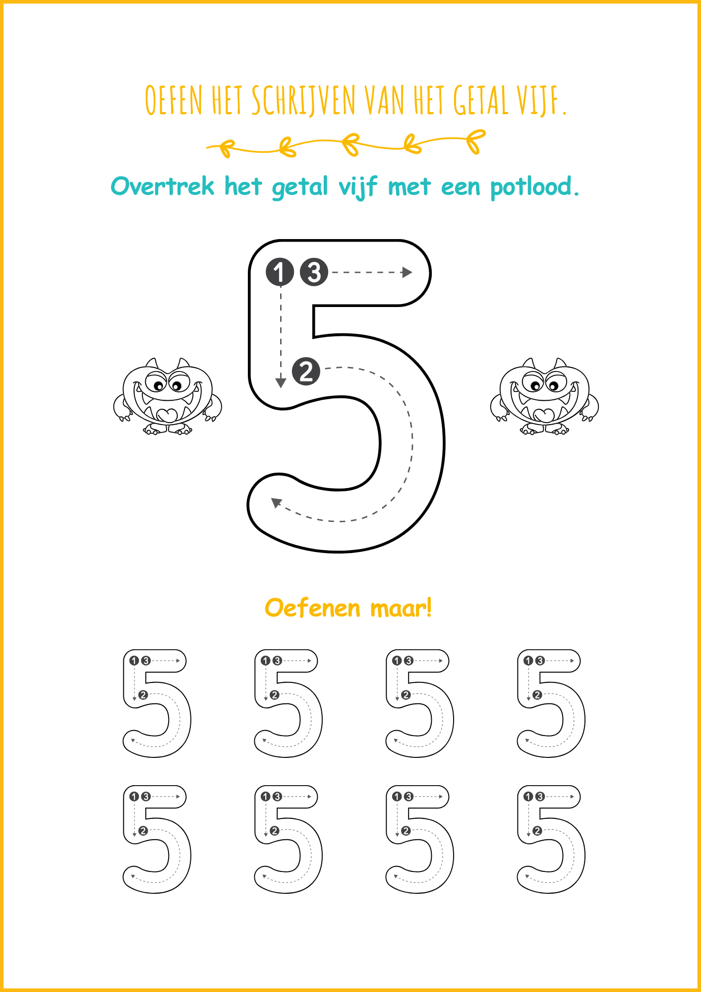 Leren tellen en schrijven: schrijfoefening cijfer 6 werkblad kleuters