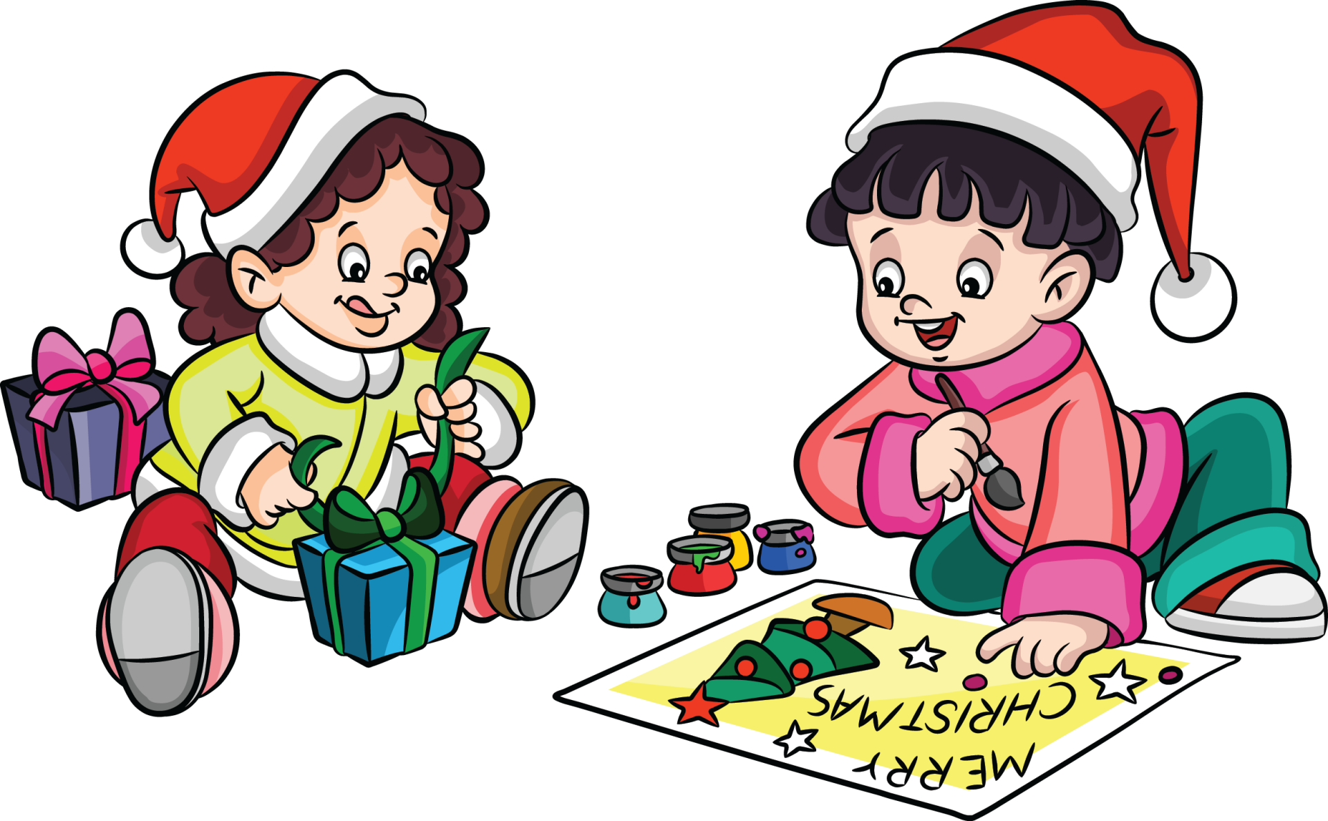 Tekening van broer en zus die samen een kerstkaart maken