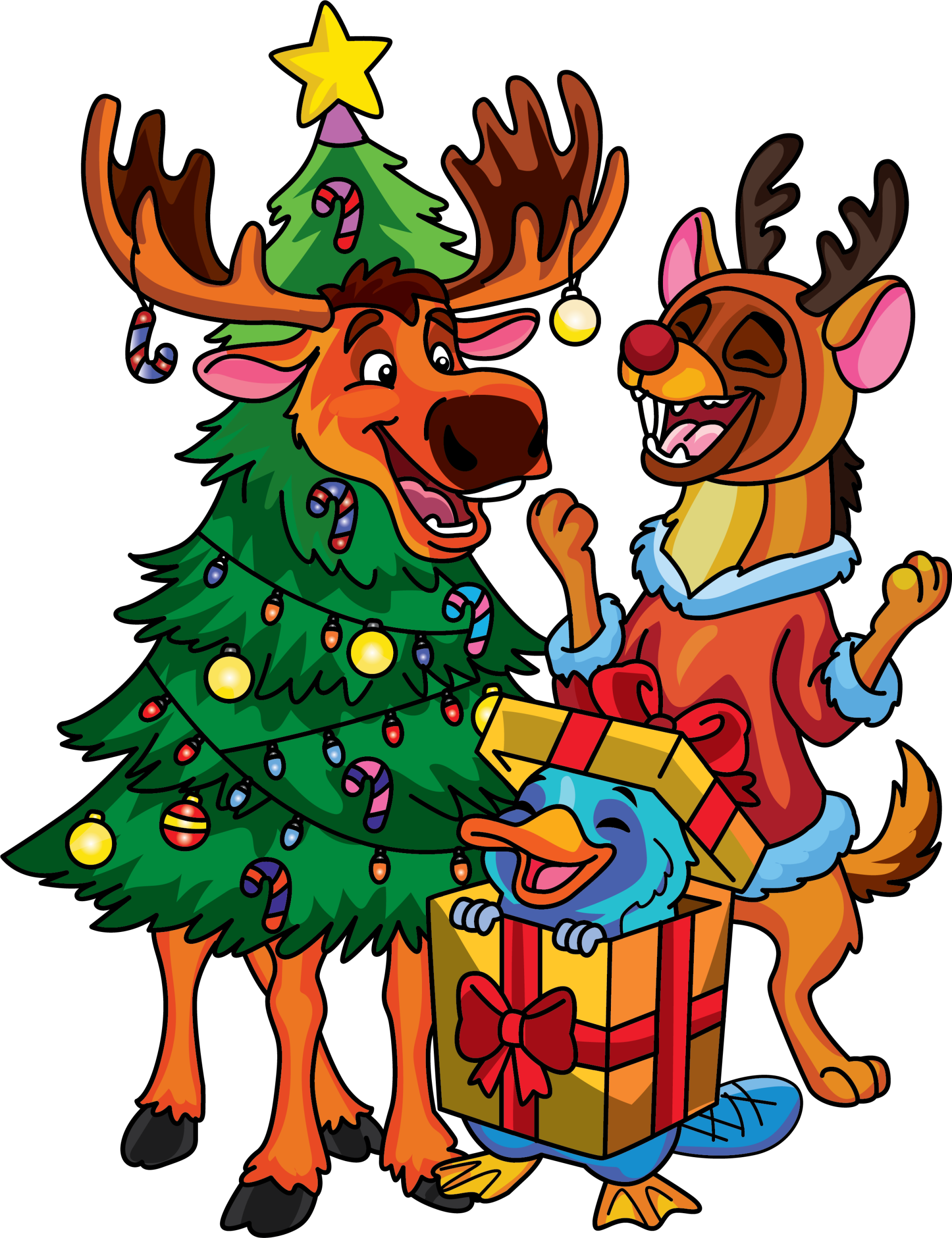 Tekening van een rendier verkleed als kerstboom, een vogelbekdier verkleed als cadeautje en een hyiena in kersttrui
