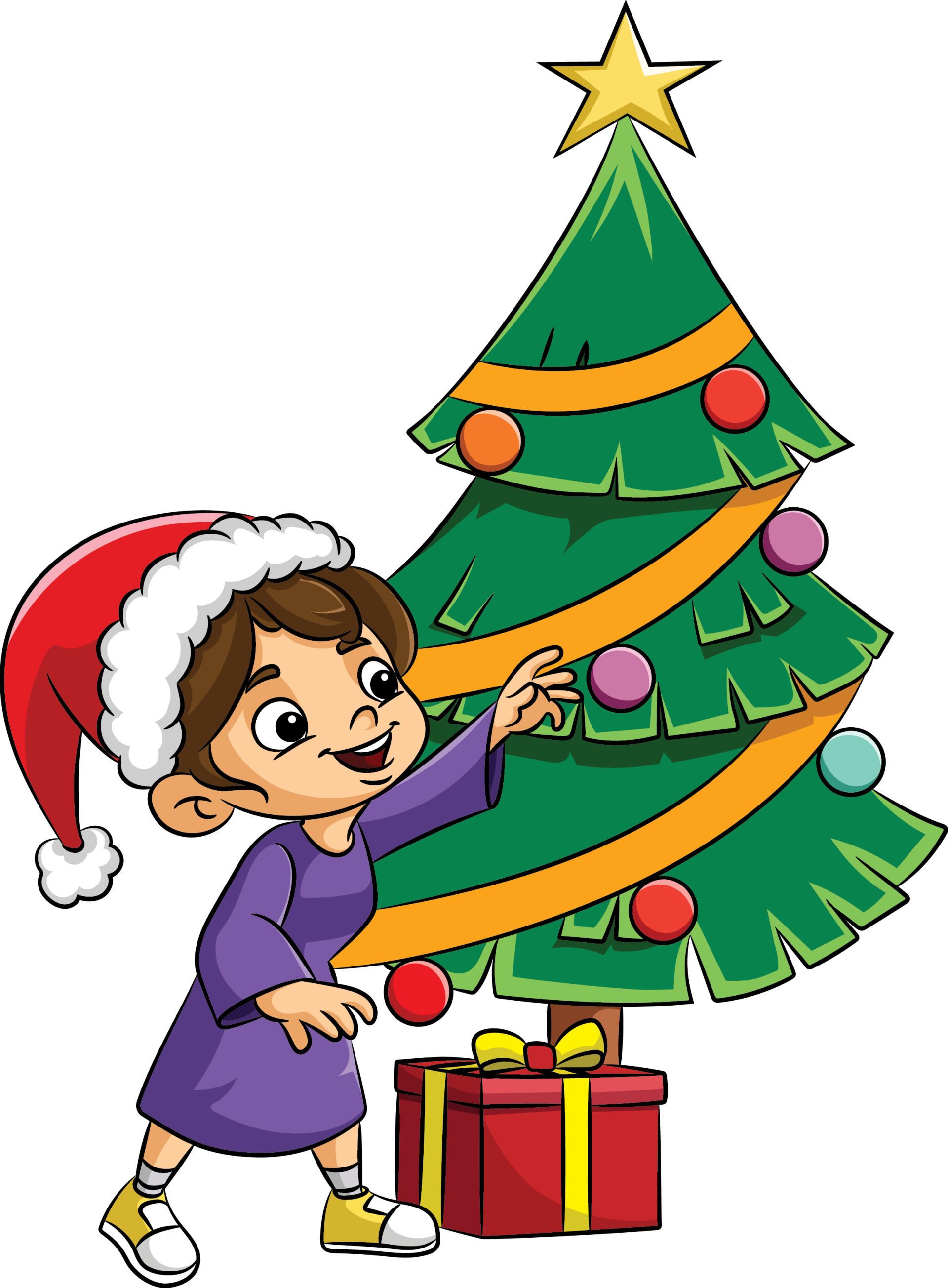 Tekening van meisje met kerstmust die bij kerstboom staat