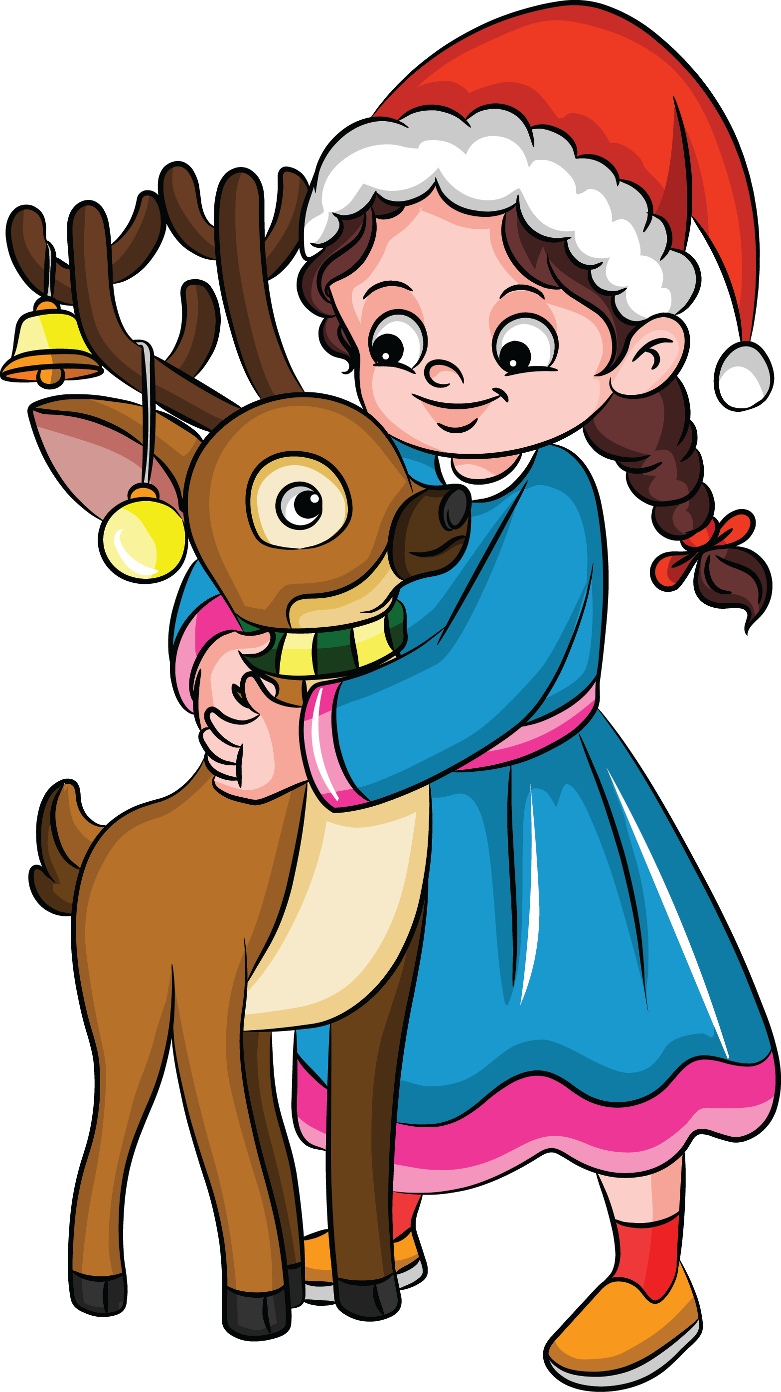 Tekening van een meisje met kerstmuts die een rendier omhelst