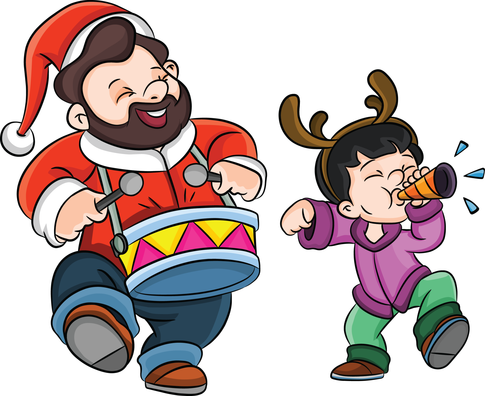 Tekening van vader en zoon die samen kerstmuziek maken