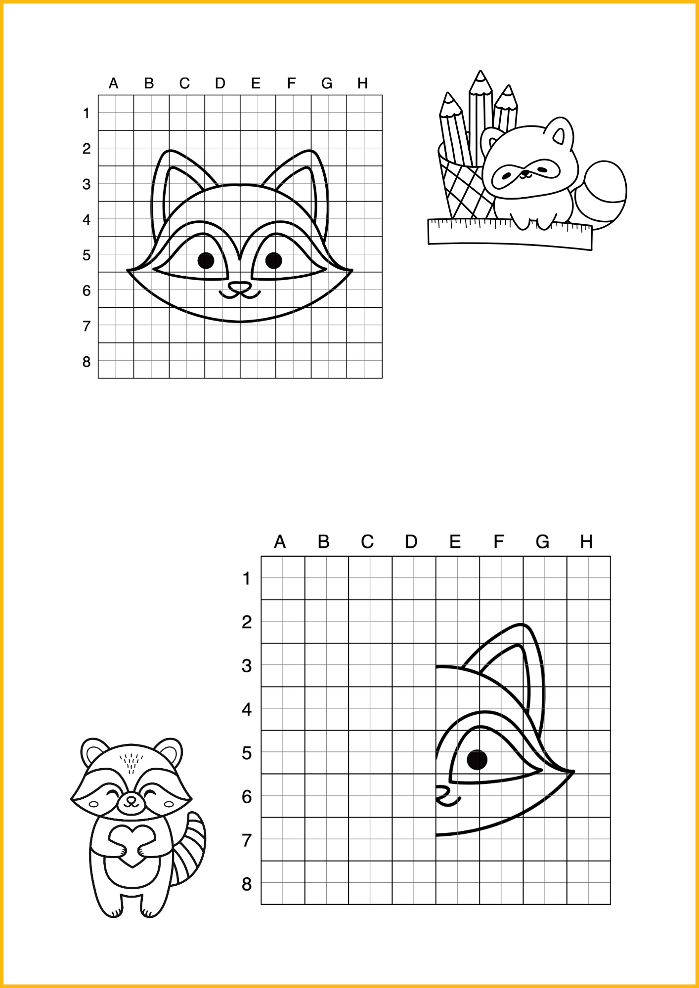 Symmetrie oefening voor kinderen: wasbeer tekenen (spiegelbeeld)
