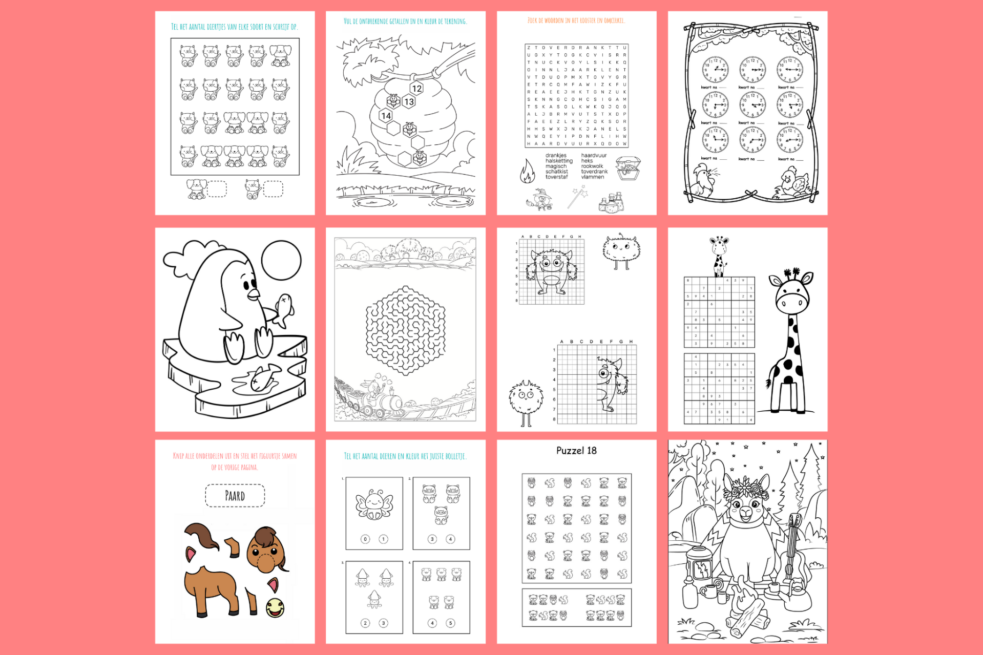Voorbeelden van printbare werkbladen voor kinderen (PDF): rekenen, kleurplaat, sudoku, knippen en plakken.