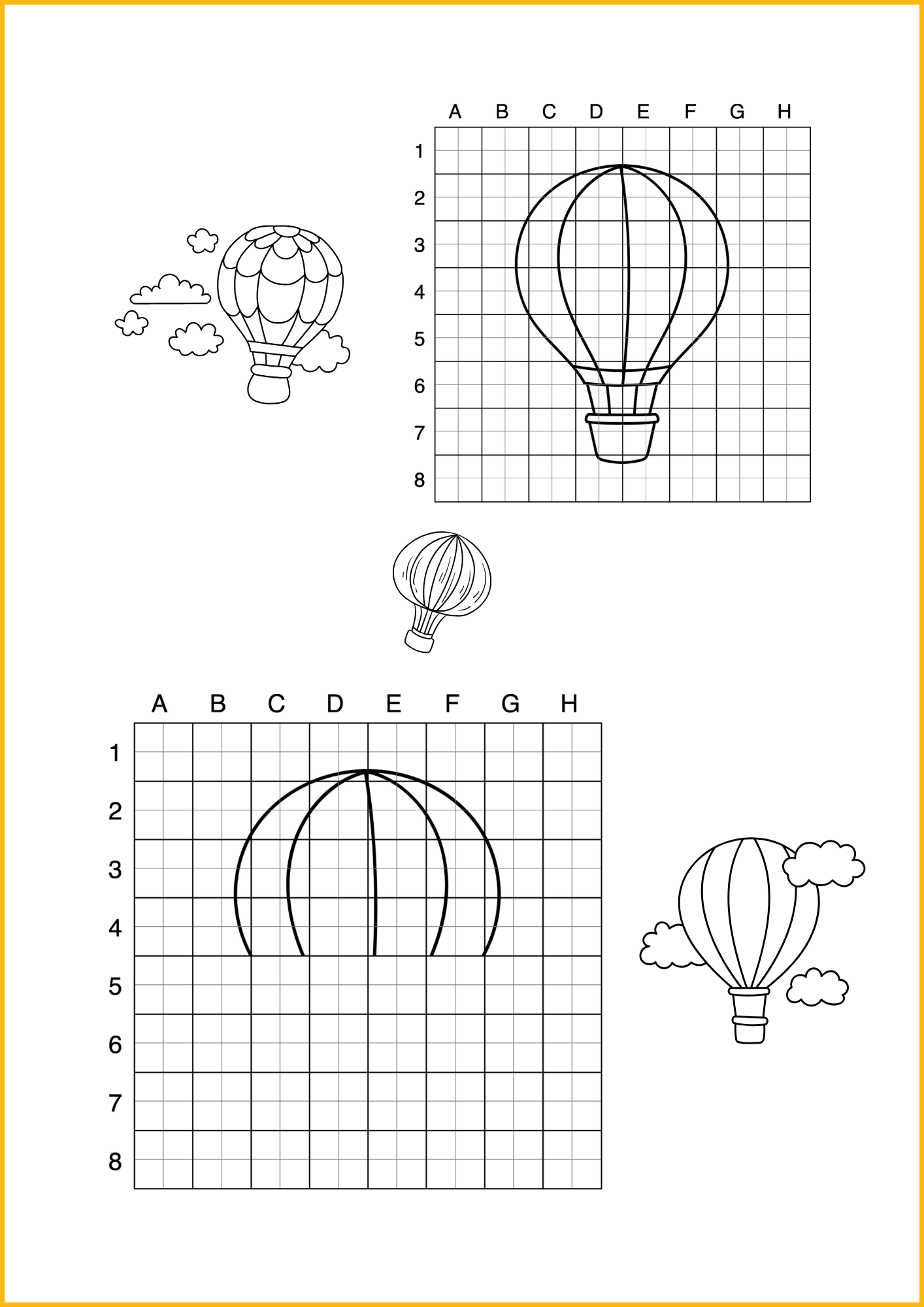 Hete luchtballon tekenen op raster - werkblad voor kinderen