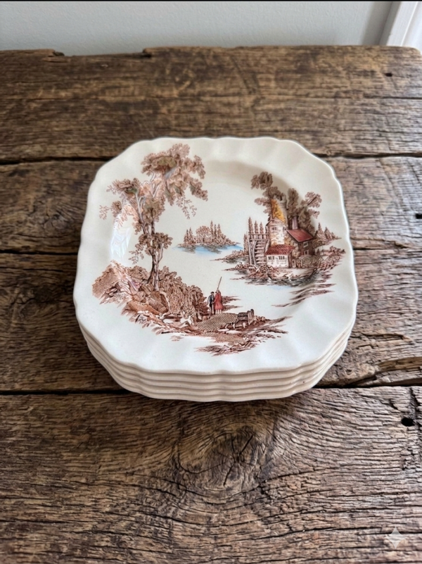 Set of 4 Vintage British Heritage Square Scalloped Dinner Plates - Watermill & Village Pattern