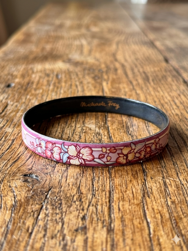 Vintage Michaela Frey Austrian Enamel Bangle – Pink Floral Art Nouveau Design