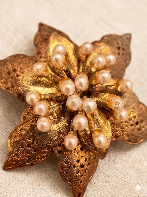 Vintage Mid-Century Gilt Filigree Floral Brooch with Pearl Cluster