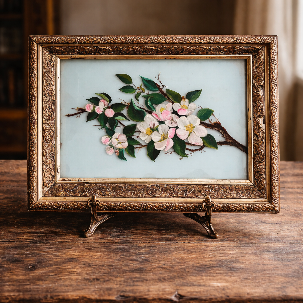 Vintage Reverse Glass Floral Painting in Ornate Gold Frame – Framed Botanical Wall Art