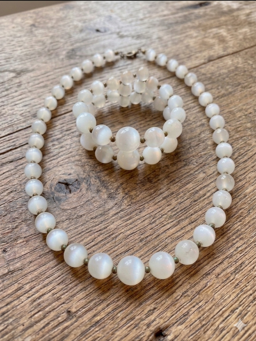 Vintage 1950s Moonglow Glass Bead Necklace and Coil Bracelet Set with Original Hook Clasp
