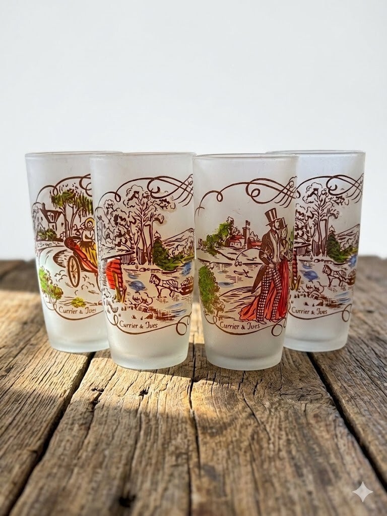 Vintage Mid-Century Currier & Ives Frosted Highball Glasses - Set of 4