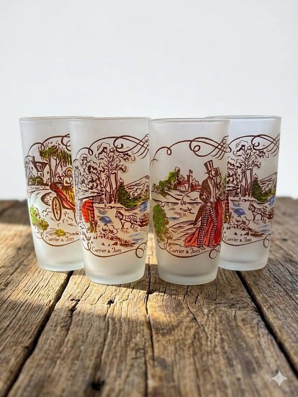 Vintage Mid-Century Currier & Ives Frosted Highball Glasses - Set of 4