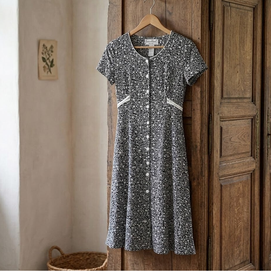 Vintage 90s Jamie Brooke Navy Blue Ditsy Floral Rayon Tea Dress with White Piping