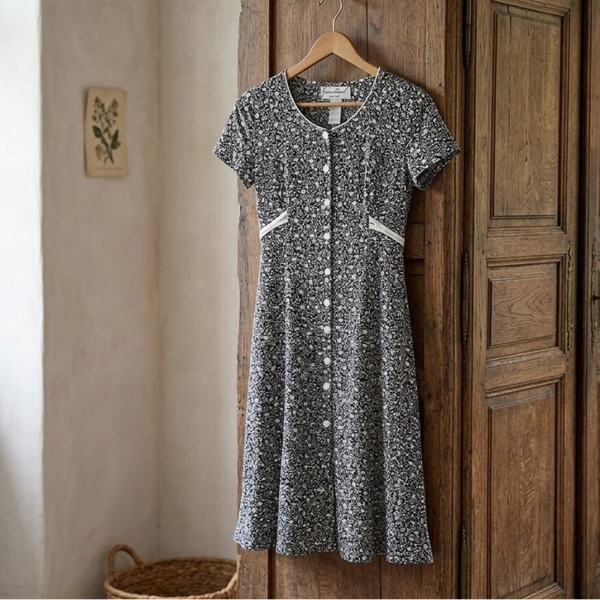 Vintage 90s Jamie Brooke Navy Blue Ditsy Floral Rayon Tea Dress with White Piping
