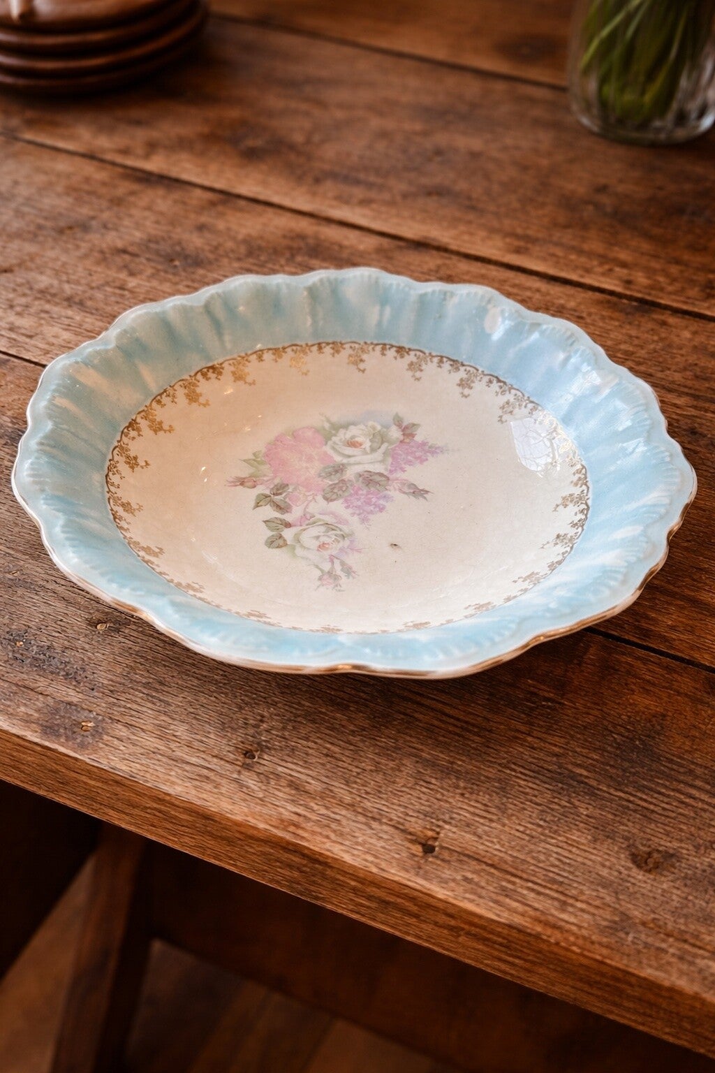Antique Victorian Scalloped Porcelain Bowl – Sky Blue & Gold Filigree with Pink Roses